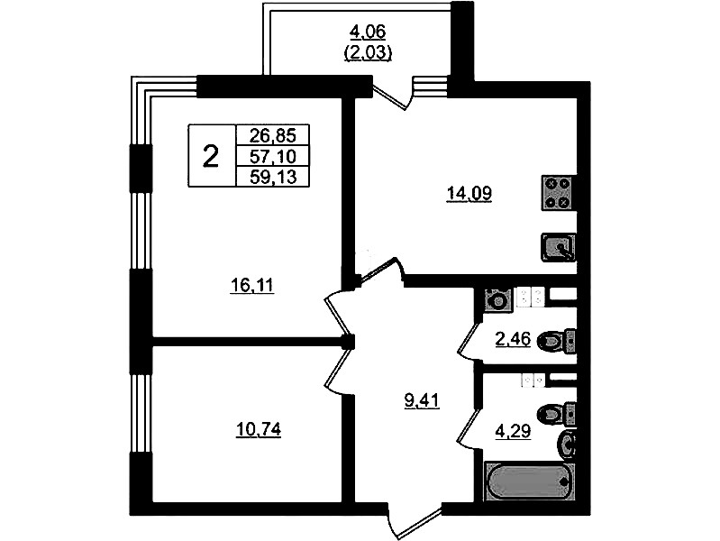 2-комнатная квартира 59.13 м², 3/4 эт., ЖК «Новая история»
